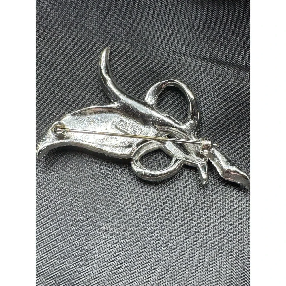 Silver Tone Leaf Foliate Clear Rhinestone Baguette Brooch Pin